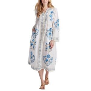 The Company Store Women's Voile Printed Blue & White Caftan Maxi Dress, Size Lg